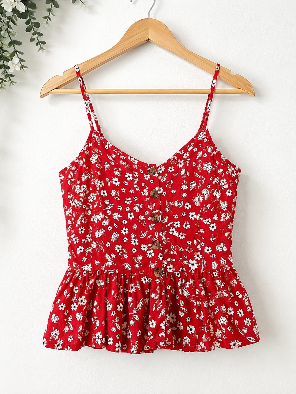 Japna Red Floral Peplum Cami Tank Top Medium Smocked Back Button Detail